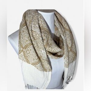 Sophia Indian Pashmina Wrap Scarf Cream Mustard Yellow Fringe Luxurious cozy